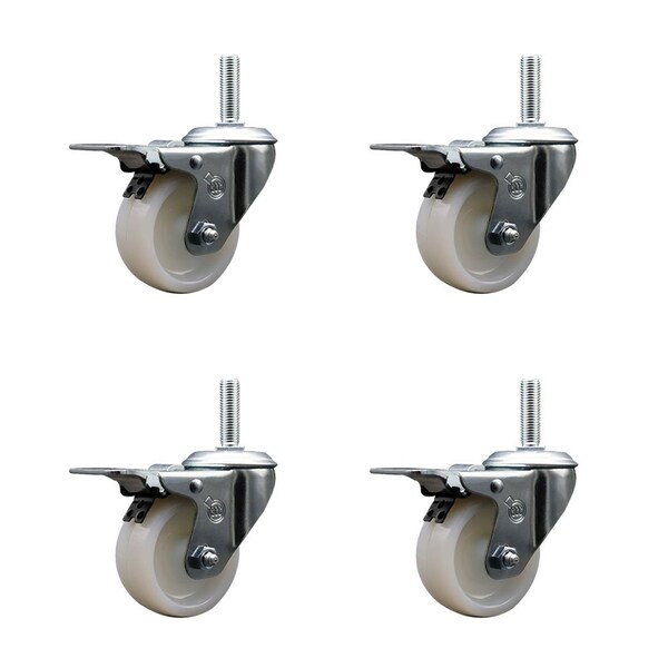 3 Inch Nylon Swivel 58 Inch Threaded Stem Caster Set with Total Lock Brake